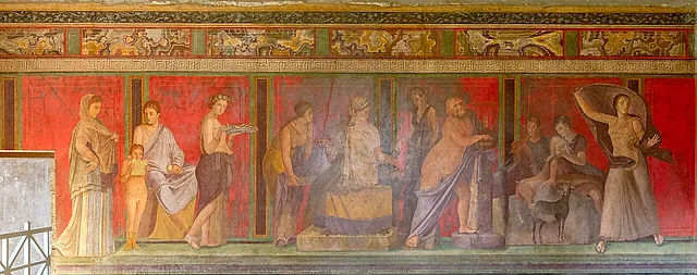 El friso dionisíaco sobre la pared roja del Salón de los Misterios de la Villa de los Misterios